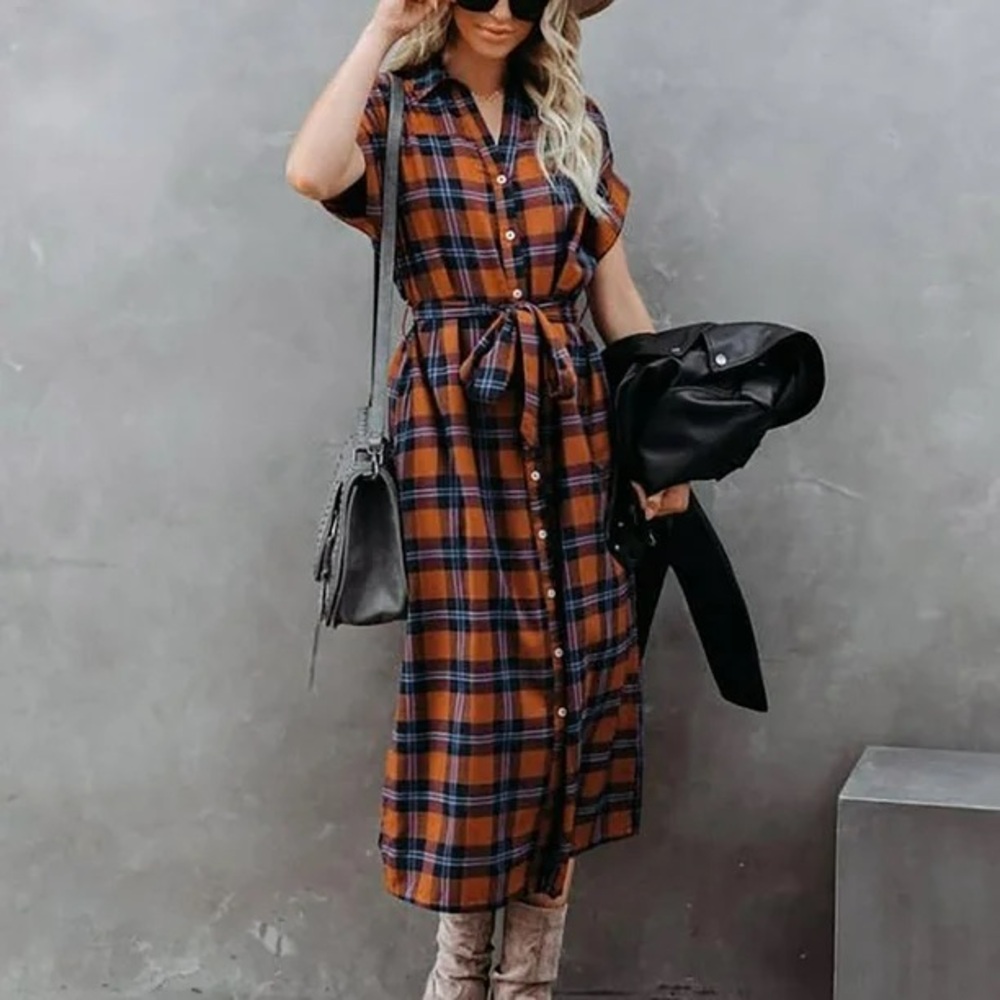 VICI Collection: Brown and Blue Plaid Midi Dress - Picture 3 of 3